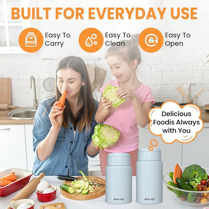 2 Pack Soup Thermo for Hot Food for Adults, Insulated Food Jar, Stainless Steel Vacuum Thermal Lunch Box Containers with Carry Bag and Spoon (18.5oz, 27oz) (Blue)