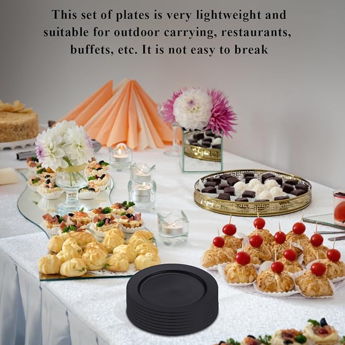Berglander Black Plastic Plates Set of 8 Pieces 10", Reusable Flat Dinner Plates, Salad Plates, Pasta Bowls, Dishes Set Easy to Carry for Home, Garden, Picnic, Camping, Outdoor