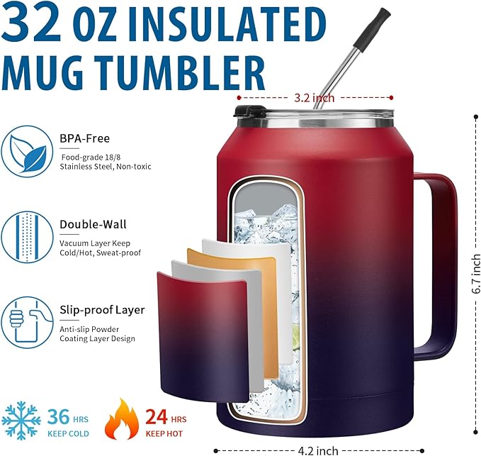 Stainless-Steel Coffee Cup 32 oz Mug Tumbler - with Handle, Straws & Protective Boot, Keep Cold 36hrs & Hot 24hrs, Insulated Tumbler Water Cup, Leak-proof Big Travel Mugs Thermal Flask Water Bottle
