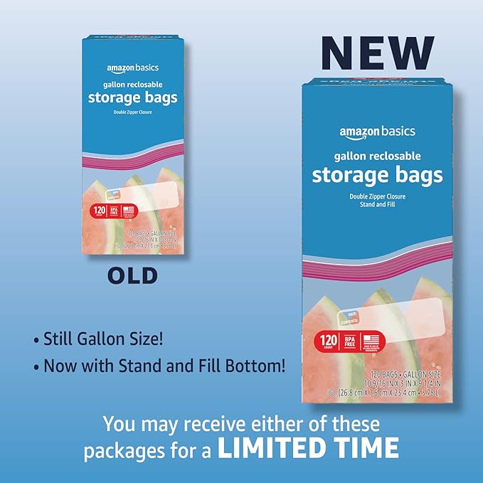 Amazon Basics Reclosable Gallon Food Storage Bags, Stand &Fill Base, 120 Count (Pack of 2)