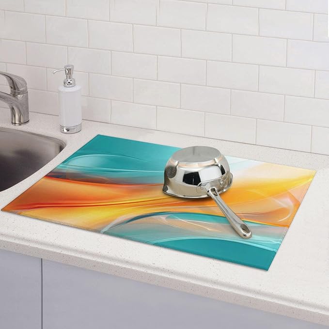 Teal and Burnt Orange Abstract Art Swirl Microfiber Dish Drying Mat, 18 x 24 inch Absorbent Decorative Kitchen Counter Mats, Polyester, Washable, Reusable, Foldable, for Dining Area, Small Appliances