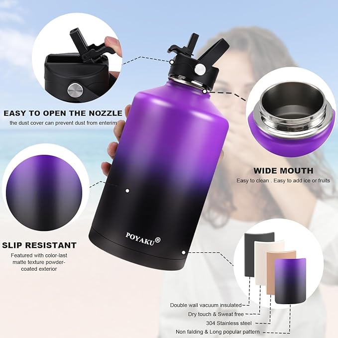 Water Bottle Insulated 32oz 40oz 64oz 128oz Straw Lid Spout Lid & 3 Lids, Leak Proof, Vacuum Insulated,Stainless Steel Water Bottle Wide Mouth for Sports, Gym or Office