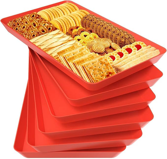 WOWBOX 6 pcs Serving Tray for Entertaining, Serving Platters for Snacks, Fruit, Cookies, Dessert, Reusable Plastic Trays for Serving Food and Pantry Organization in Kitchen & for Parties, (Red)