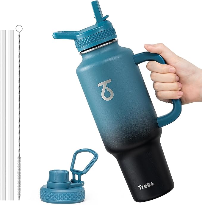 Trebo Insulated Water Bottle 40oz that Fits in Car Cup Holder with Spout Straw Lids, Stainless Steel Bottles Travel Flask with Handle, Metal Reusable Tumbler, Leakproof Keep Cold &Hot,Indigo/Black