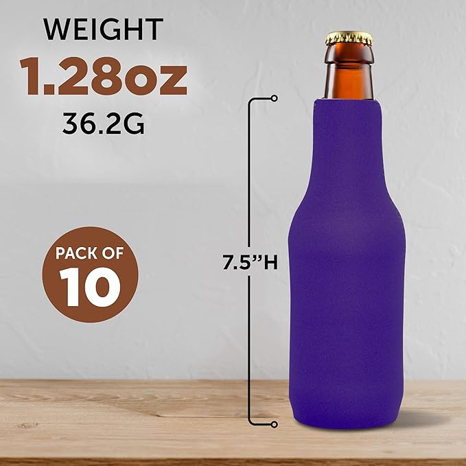 10 Neoprene Zippered Beer Bottle Coolies Pack - Sharkskin Rubber Bottom - Purple
