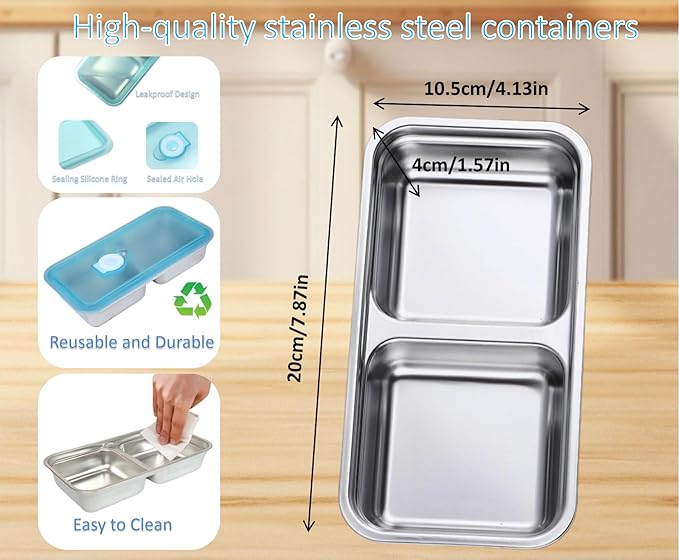 Stainless Steel Snack Containers,2 Compartment Reusable Snack Containers with Lids,Snack Box,Stainless steel lunch containers for Travel,Office,Outdoor Camping,Daily Use (2PCS)