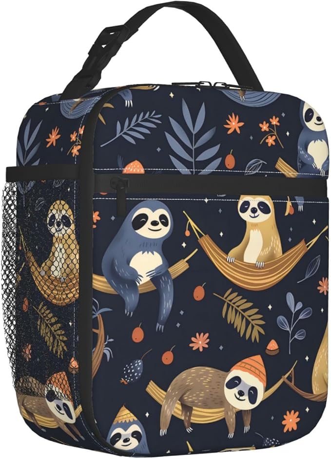 Sloth Polyester Lunch Box for Kids Teen,Cute Reusable Thermal Lunch Bag for Adult Women,Dark Insulated Tote Cooler Bags for School,Work,Picnic,Travel,Fun Nighttime Forest Theme