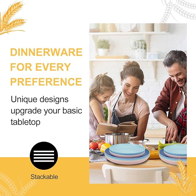 Rubtlamp Wheat Straw Plates and Bowls sets, Reusable Plastic Dishes Set for 4, Kitchen Wheat Straw Dinnerware Sets (Light Four Colors) Include Dinner Platos, Dessert Platos, Cereal Bowls, Cups