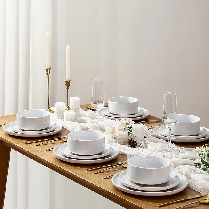 GZG Modern Art Series - 12 Pcs Speckled Stoneware Plates and Bowls Sets, Ceramic Dinnerware Set with Rustic Terracotta Underside, Microwave and Dishwasher Safe Handcrafted Dishes Set - Porcelain White