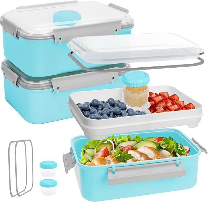 3 Pack Salad Lunch Box Food Storage Containers, 47oz Bento Box To Go Container with Lids, Meal Prep Containers with Removable Tray & Dressing Pots for Kids and Adults, Reusable and Microwave Safe