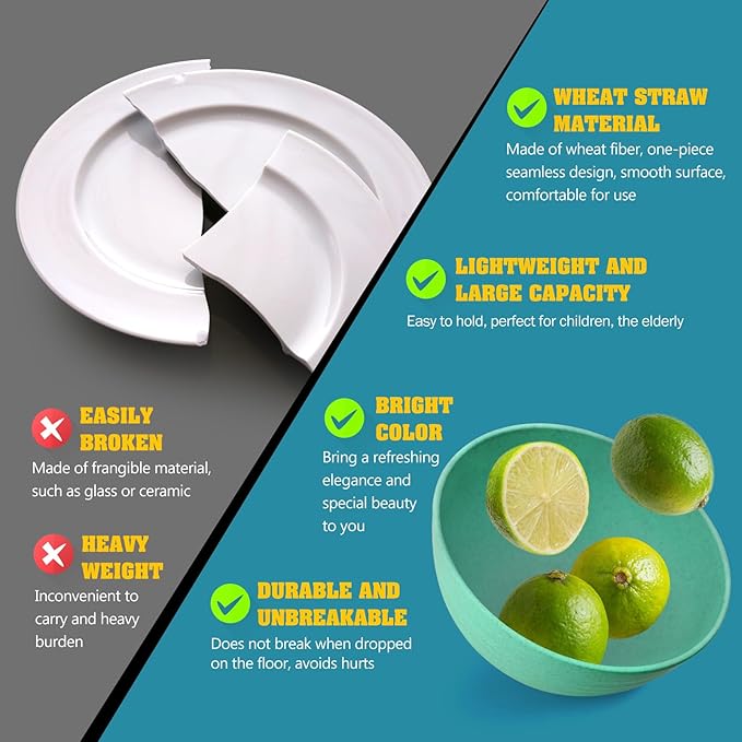 Teivio 16-Piece Cereal Bowls,26oz Wheat Straw Bowls Set, Unbreakable Durable Plastic Bowls for Kitchen, Camping, Kids Salad Snack Bowl Reusable,Dishwasher Safe, Multicolor