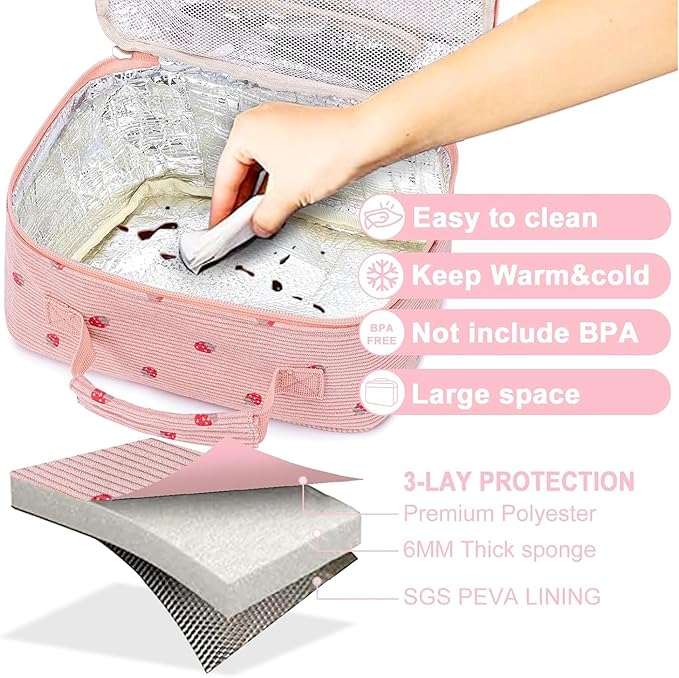 Bluboon Kids Girls Corduroy Pink Strawberry Lunch Box for School