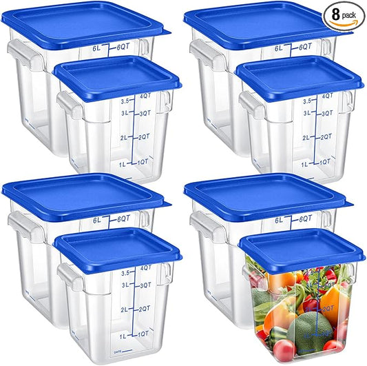 Suclain 8 Pack 4 QT and 6 QT Food Storage Containers with Lids Scales Handles Square Clear Restaurant Food Storage Containers Polycarbonate Commercial Grade for Kitchen Marinating Meat Dough(Blue)