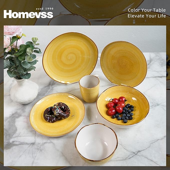 Highland 16-Piece Dinnerware Set Service for 4, Organic Shape Stoneware Plates and Bowls Set, Scratch Resistant, Microwave and Dishwasher Safe, Speckled Effect Handcrafted, Swirl Yellow