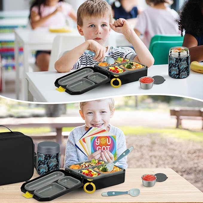 Bento Lunch Box for Kids with 12oz Soup Thermo Leak-Proof Lunch Food Container with 5 Compartment Thermo Hot Food Jar and Insulated Lunch Bag for Kid Toddler Girls Boys to School