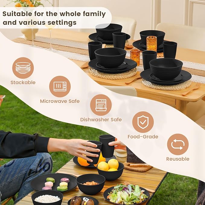 Homienly 16-Piece Wheat Straw Dinnerware Sets, Reusable Unbreakable Plates and Bowls Sets,Cups,Service for 4, Premium Dishwasher and Microwave Safe Dish Sets for Kitchen,Outdoor - Black
