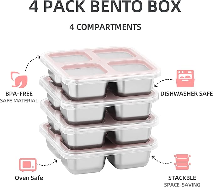 BEFOY 2 Pack Stainless Steel Snack Containers with Lids 4 Compartment Food Storage Containers for Adults Meal Prep Reusable for work or going out.(PINK, 2)