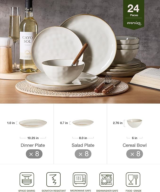 Famiware Dinnerware Sets for 8, Ocean Round 24-Piece Kitchen Plates and Bowls Sets, Microwave and Dishwasher Safe, Scratch Resistant, Vanilla White