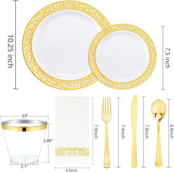 bUCLA 350PCS Gold Plastic Plates Disposable - Gold Plastic Dinnerware Set Include 50 Dinner / 50 Dessert Plates, 50 Forks, 50 Knives, 50 Spoons, 50 Cups, 50 Napkins for Party & Thanksgiving