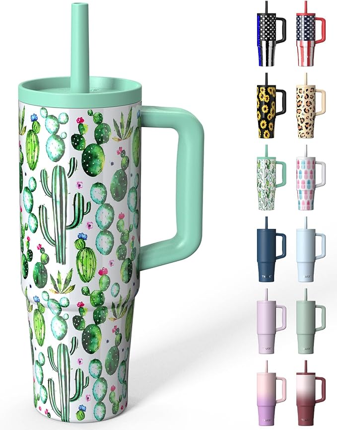 TILUCK 30 oz Tumbler with Handle, Vacuum Insulated Stainless Steel Travel Mug with 100% Leak-Proof Silicone Straw Lid, Cupholder Friendly Water Bottle(Cactus, 30oz)