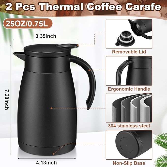 Uiifan 2 Pcs Thermal Coffee Carafe Insulated Stainless Steel Coffee Carafes for Keeping Hot and Cold Double Walled Vacuum Thermal Pot Flask with Brush for Water Milk Tea Home and Office(Black,25oz)