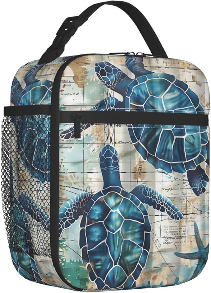 Sea Turtle Lunch Box for Adults Women Girls Boys Kids Vintage Nautical Coastal Lunch Box Insulated Cooler Reusable Lunch Bag Container Gifts for Work Office Picnic Travel School