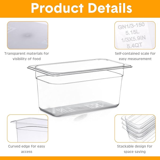 Yinder 12 Pack Plastic Food Pan 1/3 Size Commercial Food Storage Containers Pans Clear Stackable Restaurant Hotel Pans for Kitchen Fruits Vegetables Beans Corns(6 Inches High, 2.25 Gallon)
