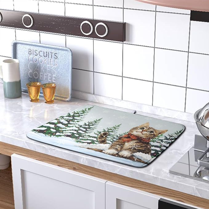 Winter Cat Dish Drying Mat for Kitchen Counter 18x24 Inch Cute Kitty Snow Pine Tree Dishes Drying Mats Large Microfiber Absorbent Dish Rack Pad Fast Dry Dish Mat for Coffee Bar Sinks Home Accessories