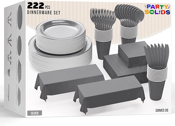 222 Pcs Silver Paper Plates and Napkins Sets, Disposable Plates For Party, Lunch & Cocktail Napkins Paper, 18oz Plastic Cups, Cutlery and Silver Table cloth Plastic Dinnerware Set