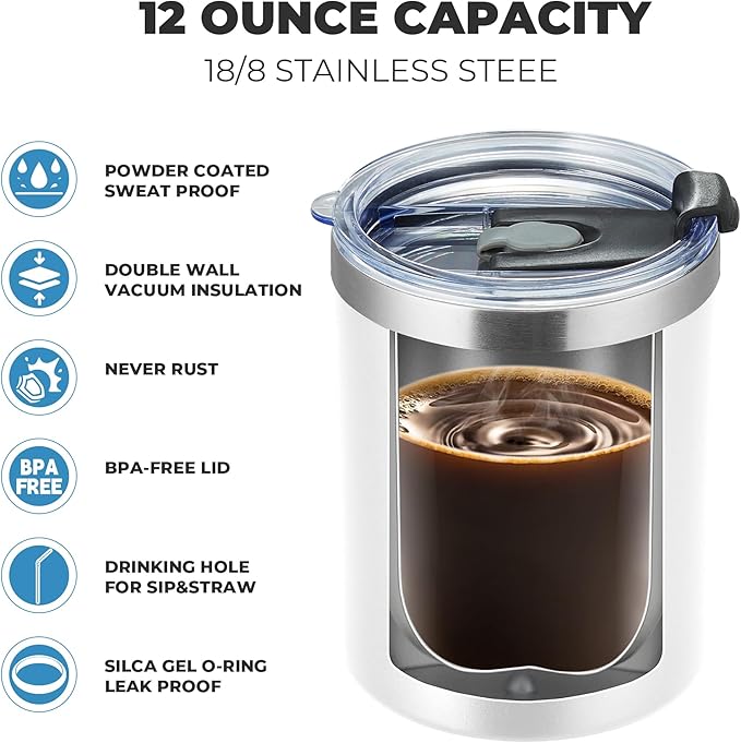 MEWAY 12 oz Lowball, Tumbler Stainless Steel Double Wall Vacuum Insulated Mug with Straw and Lid, Cleaning Brush ，Durable Powder Coated Insulated Coffee Cup for Cold & Hot Drinks (White, 12 pack)