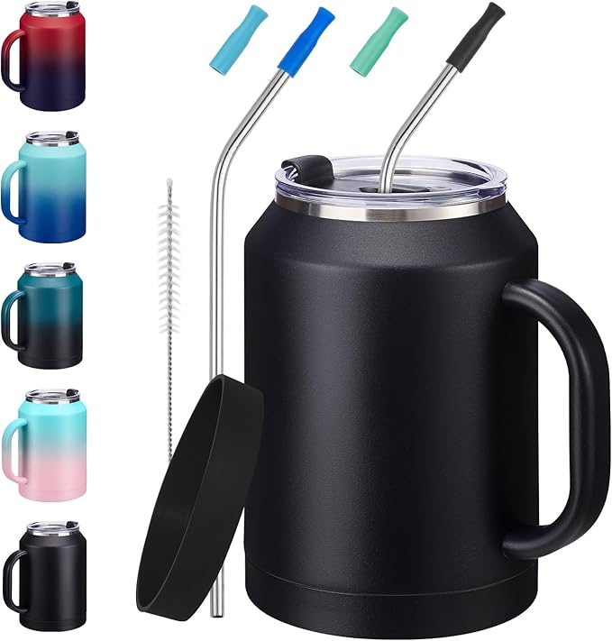 Insulated Coffee Mug 50 oz Tumbler with Handle - Metal Straws, Wide Mouth Leak-proof BPA-Free Stainless Steel Coffee Cup, Insulated Tumbler Big Travel Thermal Flask Water Bottles Keep Cold 36 Hrs