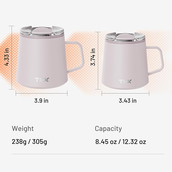 TKK 12 oz Insulated Coffee Mug with Handle Ceramic Coating Detachable Slider Lid Stainless Steel Tumbler Double Wall Vacuum Travel Cup