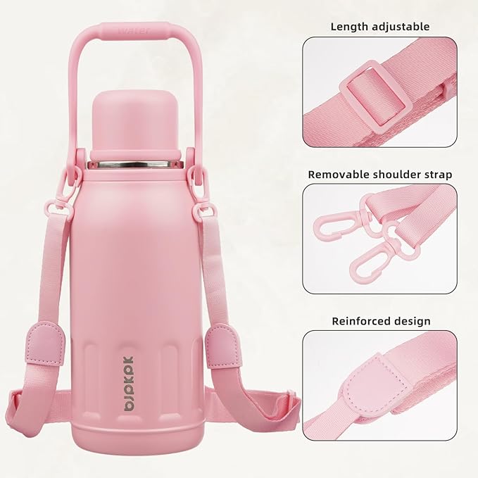 BJPKPK Insulated Water Bottle 40oz Stainless Steel Water Bottles Double Wall with Handle and Cup Lid Travel Metal Thermal Flask,Light Pink