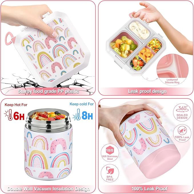 Bento Lunch Box for Kids with 12oz Soup Thermo Leak-Proof Lunch Food Container with 5 Compartment Thermo Hot Food Jar and Insulated Lunch Bag for Kid Toddler Girls Boys to School