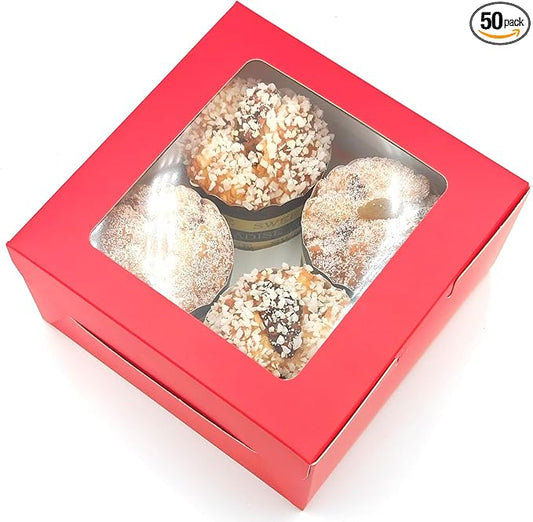 50-Set Cupcake Boxes Bulk with Clear Display Window Hold 4 Standard Cupcakes, Disposable Food Grade Red Cupcake Carrier Cupcake Container, Perfect for Cupcakes Muffins Cookies Pastries