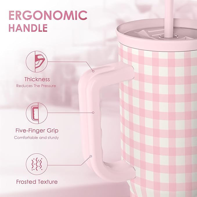 Pink Gingham 40oz Slider Tumbler with Handle and Straw - Insulated Stainless Steel Travel Coffee Mug for Women Girls, Gift for Birthday, Christmas