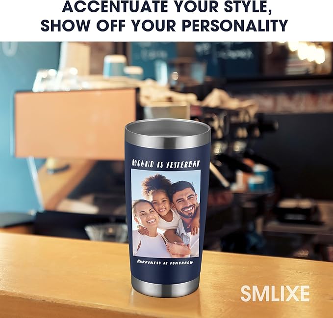 Personalized Custom Tumbler Print in USA 20oz Stainless Steel Coffee Cup with Lid & Straw Double Wall Insulated Tumbler with Colorful Text Logo Photo