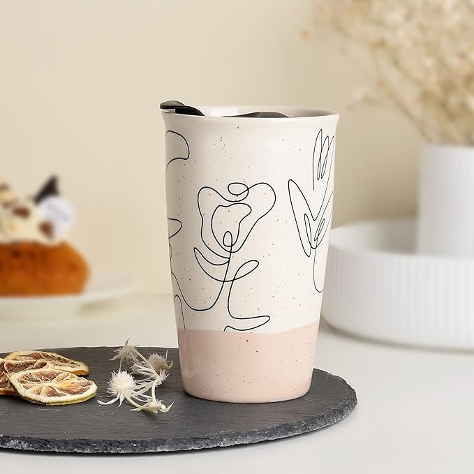ANTIS'S HOME Ceramic Coffee Mug with Lid, Flower Pattern Double Wall Coffee Travel Mug Ceramic Tumbler 9.64oz, Reusable Tall Cup, Splash Resistant Lid, Dishwasher Microwaveable Safe