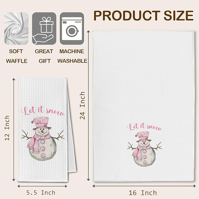 Pink Chinoiserie Christmas Snowman Kitchen Towels, Preppy Winter Dish Towels Drying Cloth for Kitchen, Let It Snow Xmas Holiday Snowman Decorative Hand Towel for Bathroom, 16x24 Inch