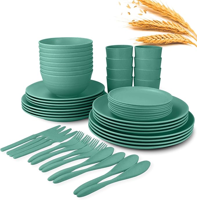 Wrova 64-Piece Service for 8 Dinnerware Set - Unbreakable Wheat Straw Dinnerware sets of 64 - Dinner plates/Snack plates/Cereal bowls/Drinking Cups/Cutlery for Outdoor camping and indoors.Green