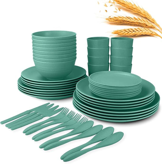 Wrova 64-Piece Service for 8 Dinnerware Set - Unbreakable Wheat Straw Dinnerware sets of 64 - Dinner plates/Snack plates/Cereal bowls/Drinking Cups/Cutlery for Outdoor camping and indoors.Green