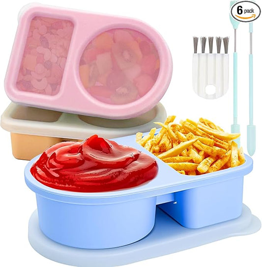 3 Pack Reusable Silicone Snack Containers with Semi-Transparent Lids, Small Leak-Proof 2 Compartment Condiment Container for Sauce, Fruit, Portable Food Storage Box for Office, Travel, Outdoors