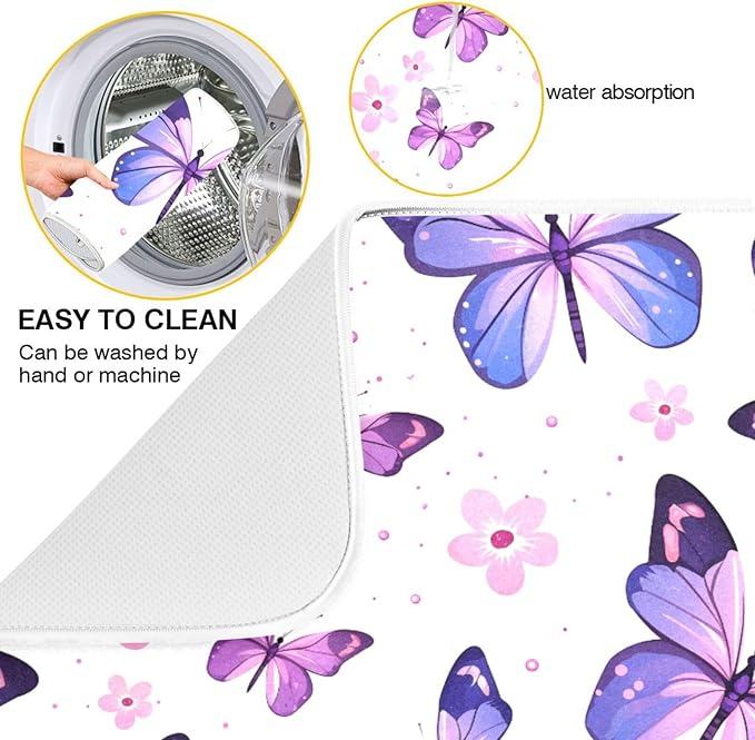 Pink Purple Butterfly Flower Dish Drying Mat for Kitchen Counter Absorbent Dish Drainer Mats Drying Pads 18"x24"
