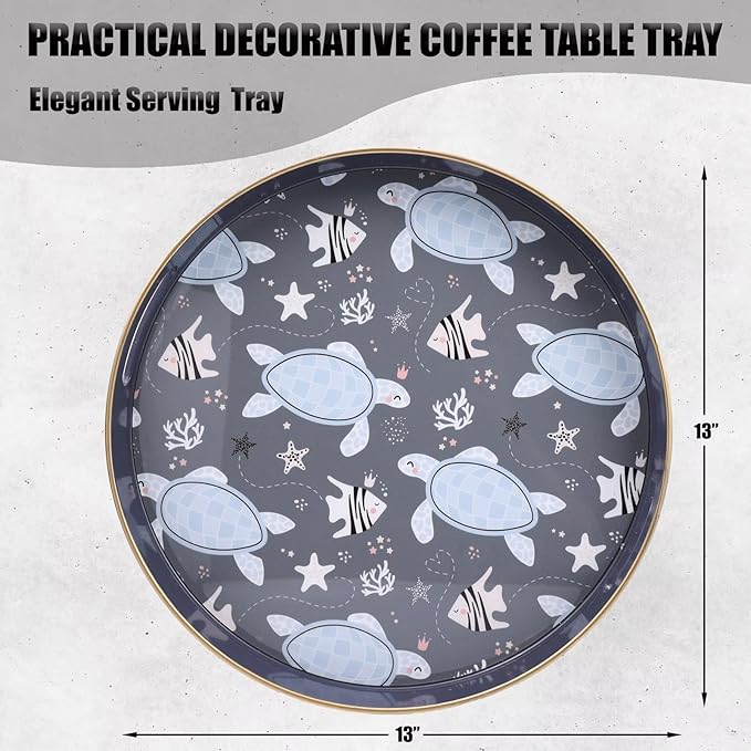 Spsyrine Decorative Serving Tray with Handles, Lacquered Coffee Table Tray for Ottoman, Round Waterproof Platters for Centerpieces, Parties, Living Room, Kitchen Counter Organization Turtle