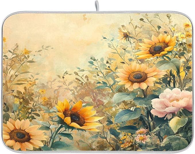Vintage Floral Sunflowers Dish Drying Mat for Kitchen Counter Super Absorbent Dishes Pad Reversible Microfiber Protector Dish Draining Mats 16x18 inch