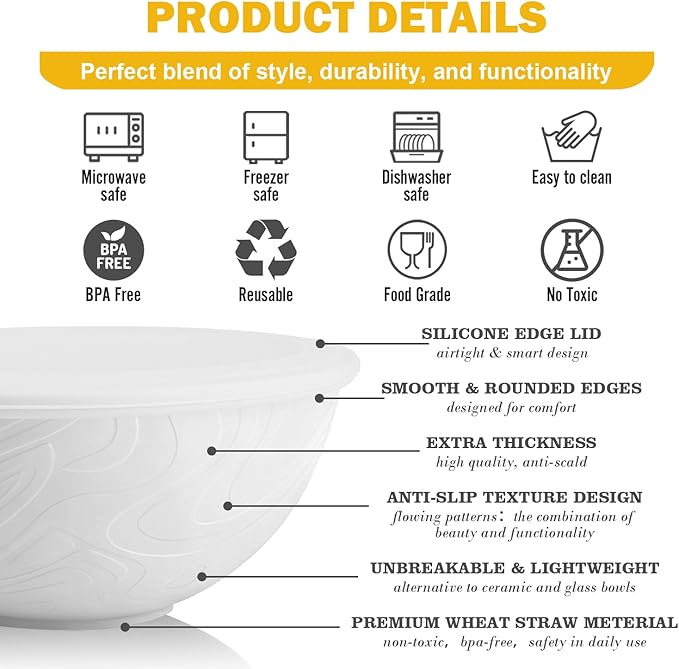 Wheat Straw Bowls Set 40 OZ, Unbreakable Bowls with Dust-Proof Lids Set of 4, Microwave & Dishwasher Safe, Alternative Reusable Plastic Bowl for Cereal, Soup, Salad and Ramen, White