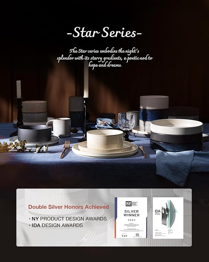 Famiware Star Dinnerware Set with Pasta Bowls, Service for 4 (16pcs), Ribbed Stoneware Plates and Bowls Dishes Sets - Chip & Scratch Resistant, Microwave & Dishwasher Safe, Cappuccino White