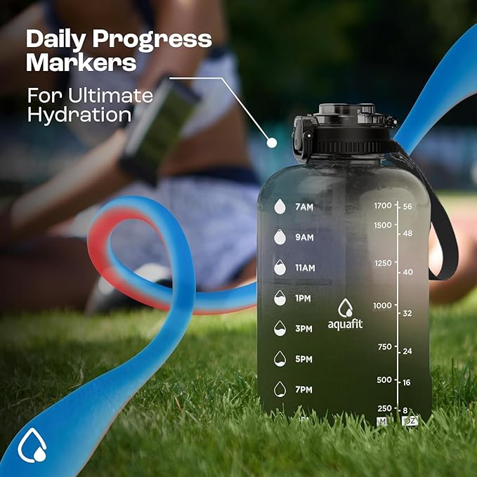 AQUAFIT Half Gallon Water Bottle with Time Marker - Straw & Chug Lid - BPA Free Gym Water Bottle with Straw - Big Gallon Jug (Nebula, 64 oz - 2in1 Lid)