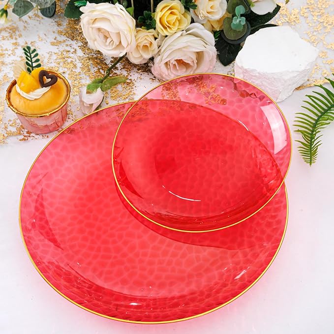 SUT 36Pcs Red Plastic Plates, Hammered Plates Disposable Heavy Duty, Red Disposable Plates With Gold Rim, Fancy Plastic plates Include 18 Dinner and 18 Dessert plates for Wedding