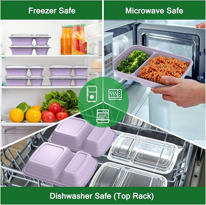 50 Pack (100-Piece) 28 oz Meal Prep Containers Reusable with Lids 2-Compartment, Sturdy Leakproof Food Safe, Microwave Freezer Dishwasher Safe, To Go Take Out Plastic Food Storage, Lilac